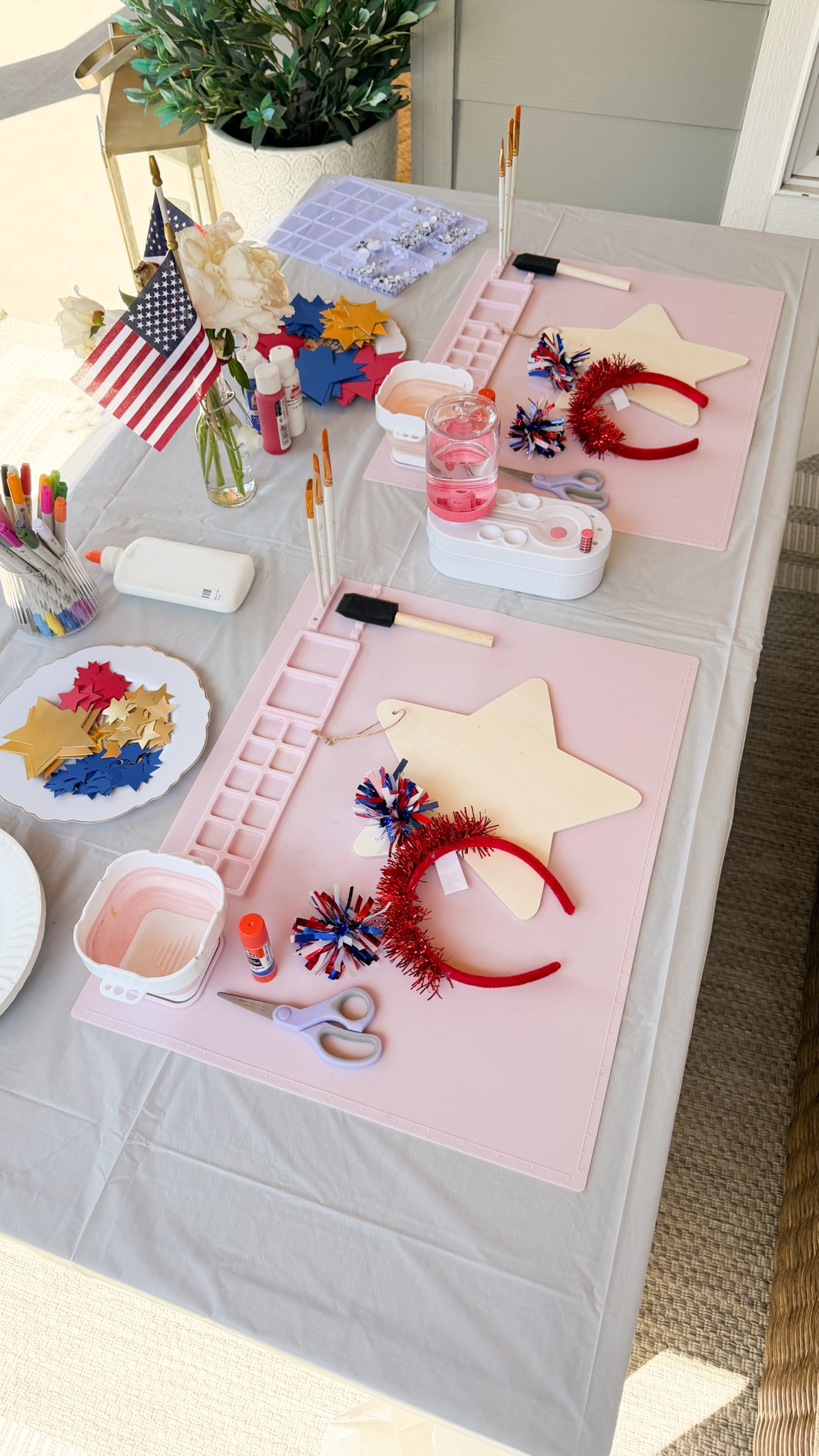 JULY 4TH KIDS CRAFT IDEAS 🇺🇸✨ Summer Mommy Camp was all about patriotic crafts! We made a festive wreath, adorable butterflies, and painted wooden stars for the 4th. Such easy activities that kept the girls busy and excited for the holiday ❤️🤍💙

Craft mat, brush cleaner, paint brushes, paint markers, paint, googly eyes, Flag picks, cardstock paper, cups, outdoor furniture, art supplies

#LTKsummer #LTKhome #LTKfestival