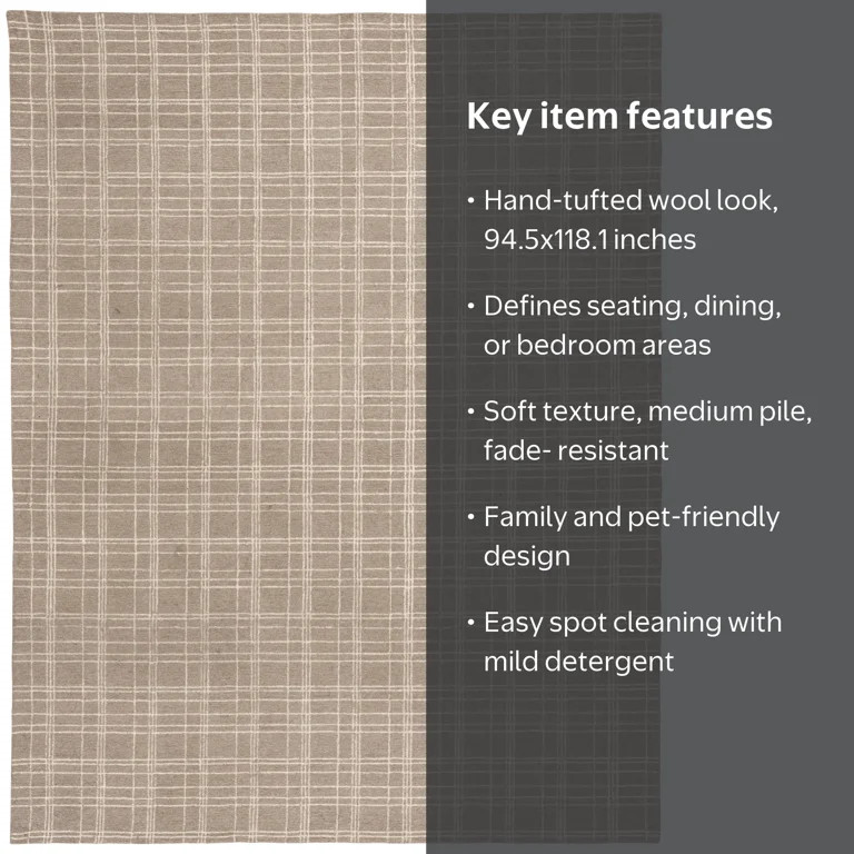 Better Homes & Gardens Beige Plaid Wool Indoor Area Rug, 7 ft 10 in x 9 ft 10 in | Walmart (US)