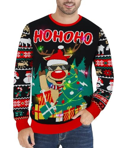 uideazone Ugly Christmas Sweaters for Men Women Light up Xmas Pullover Jumper Funny Reindeer Knitted Sweatshirts Round Neck Sweaters | Amazon (US)