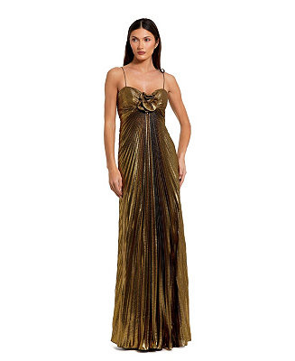 Women's Thin Strap Pleated Metallic Gown With 3D Flower | Macy's
