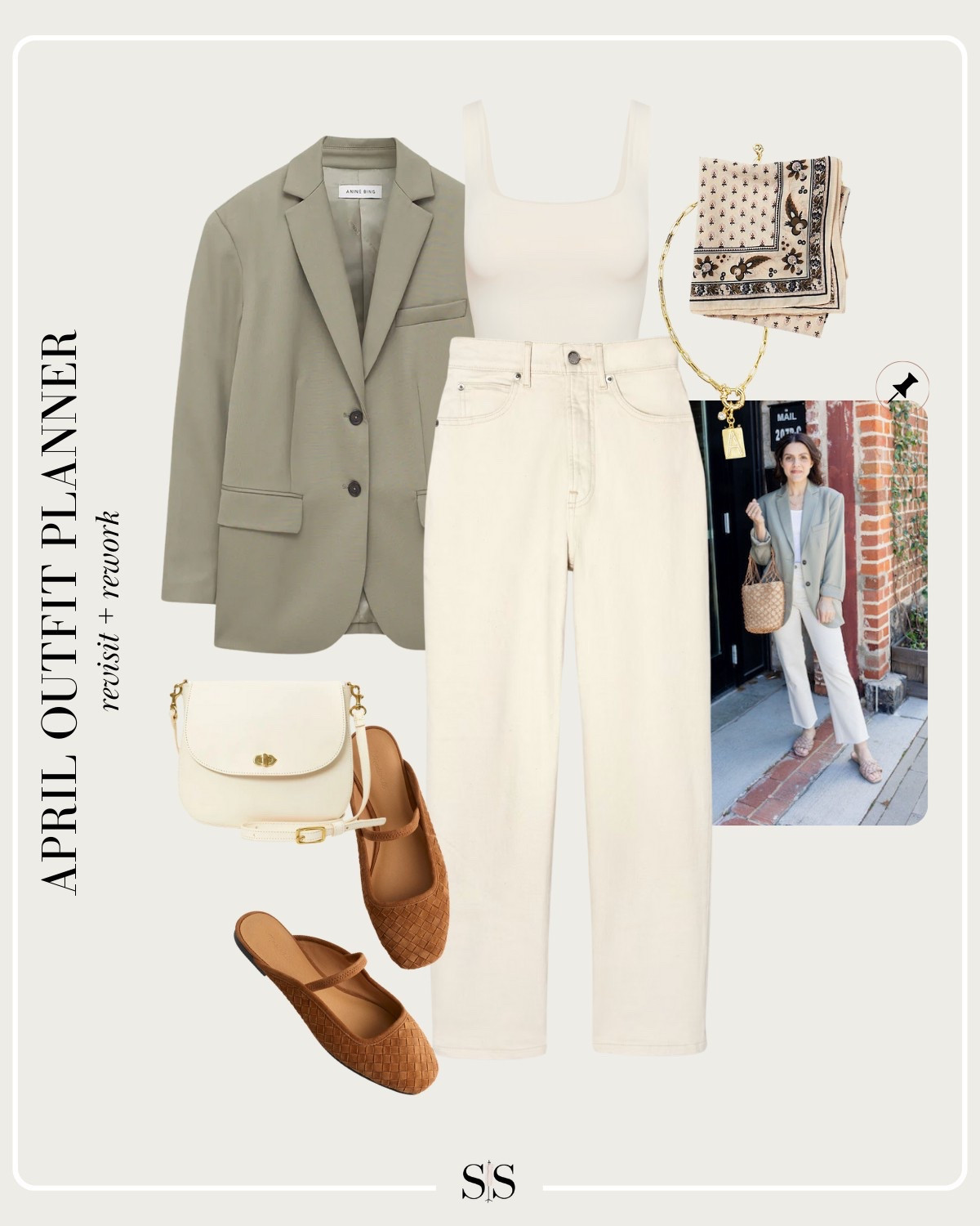 Monthly outfit planner APRIL: Spring transitional looks, revisit + rework outfit inspo | green blazer, ecru wash crop jean, woven mules

#springoutfit #casualstyle 


#LTKStyleTip