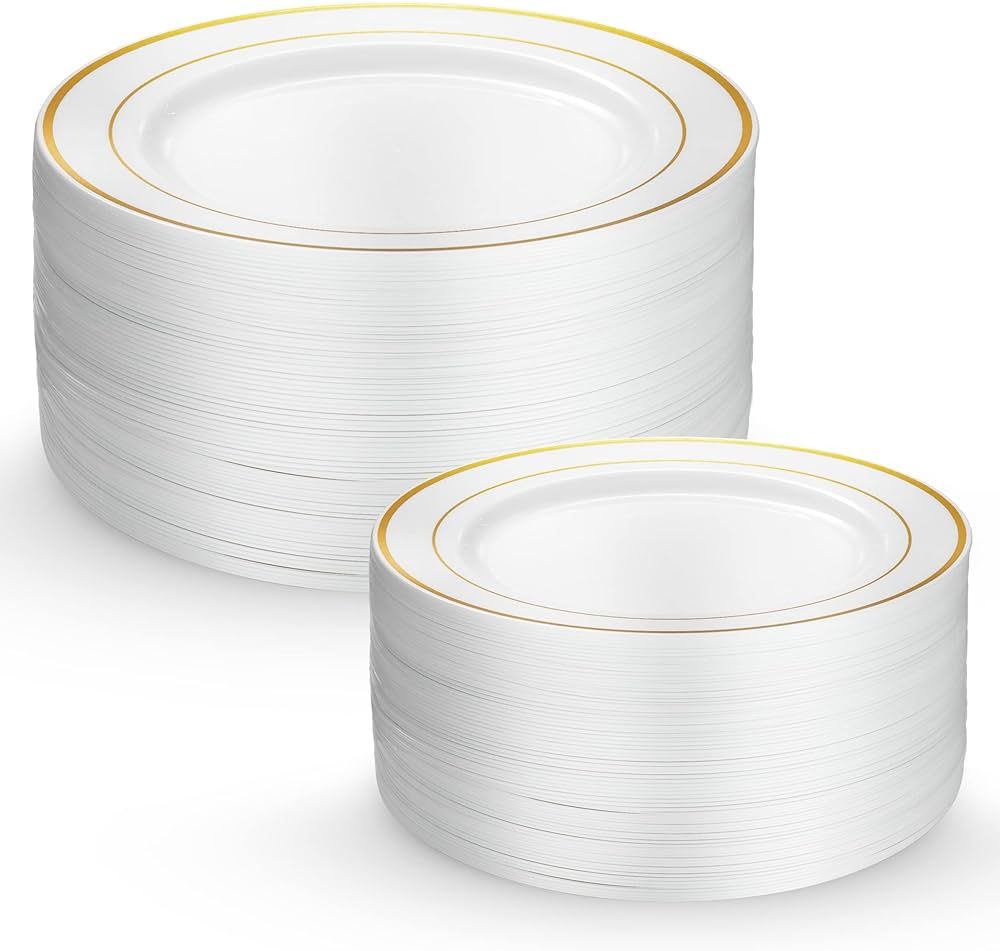 Munfix Plastic Wedding Party Plates 60 Piece White Gold Rim, Elegant Fancy 30 Premium Heavy Duty ... | Amazon (US)