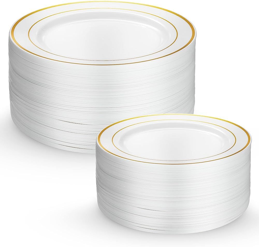 Munfix 60 Piece Plastic Party Plates White Gold Rim, 30 Premium Heavy Duty 10.25 Inch Dinner Plat... | Amazon (US)