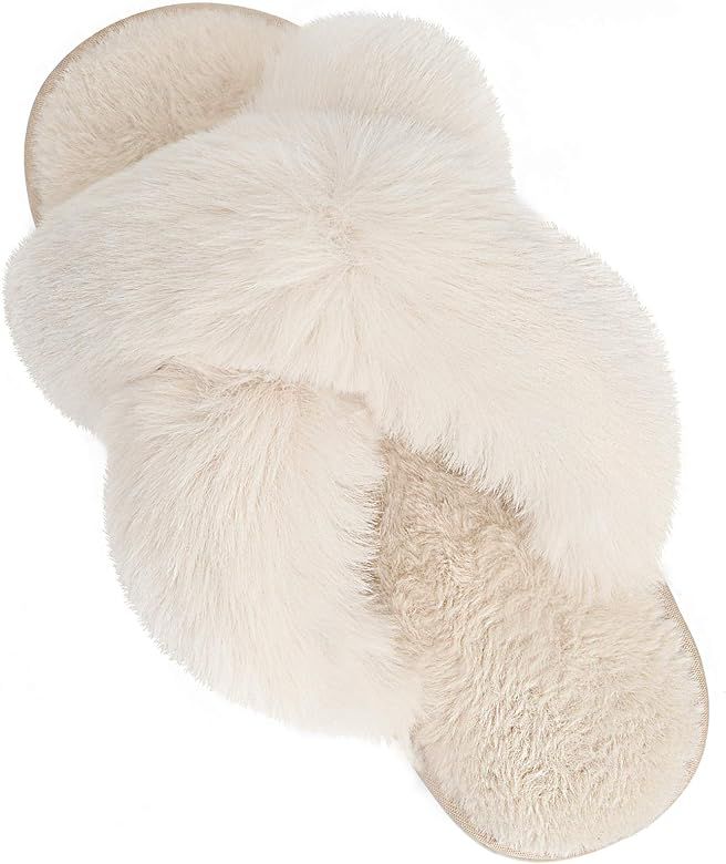 Amazon.com | DOIOWN Women's Fuzzy Slippers Cross Band Fluffy Slippers Faux Fur Slippers Plush Hou... | Amazon (US)