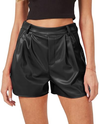 XinYangNi Faux Leather Shorts for Women Pleather Elastic High Wasited Pleated Wide Leg Side Slit with Pockets Black Small | Amazon (US)