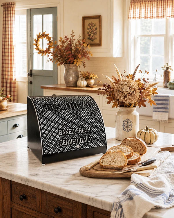 Black Metal Bread Box with White Embossed Vintage Lettering and Hinged Lid | Decor Steals