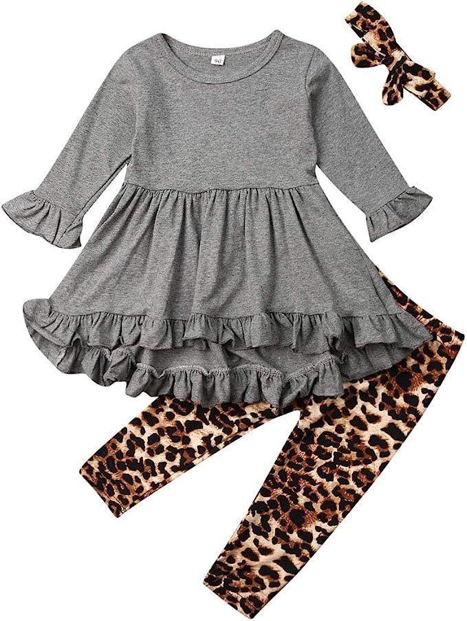 Toddler Girl Clothes Flare Sleeve Yellow Deer Shirt Top Ruffle Dress+ Sunflower Long Pants Leggin... | Amazon (US)