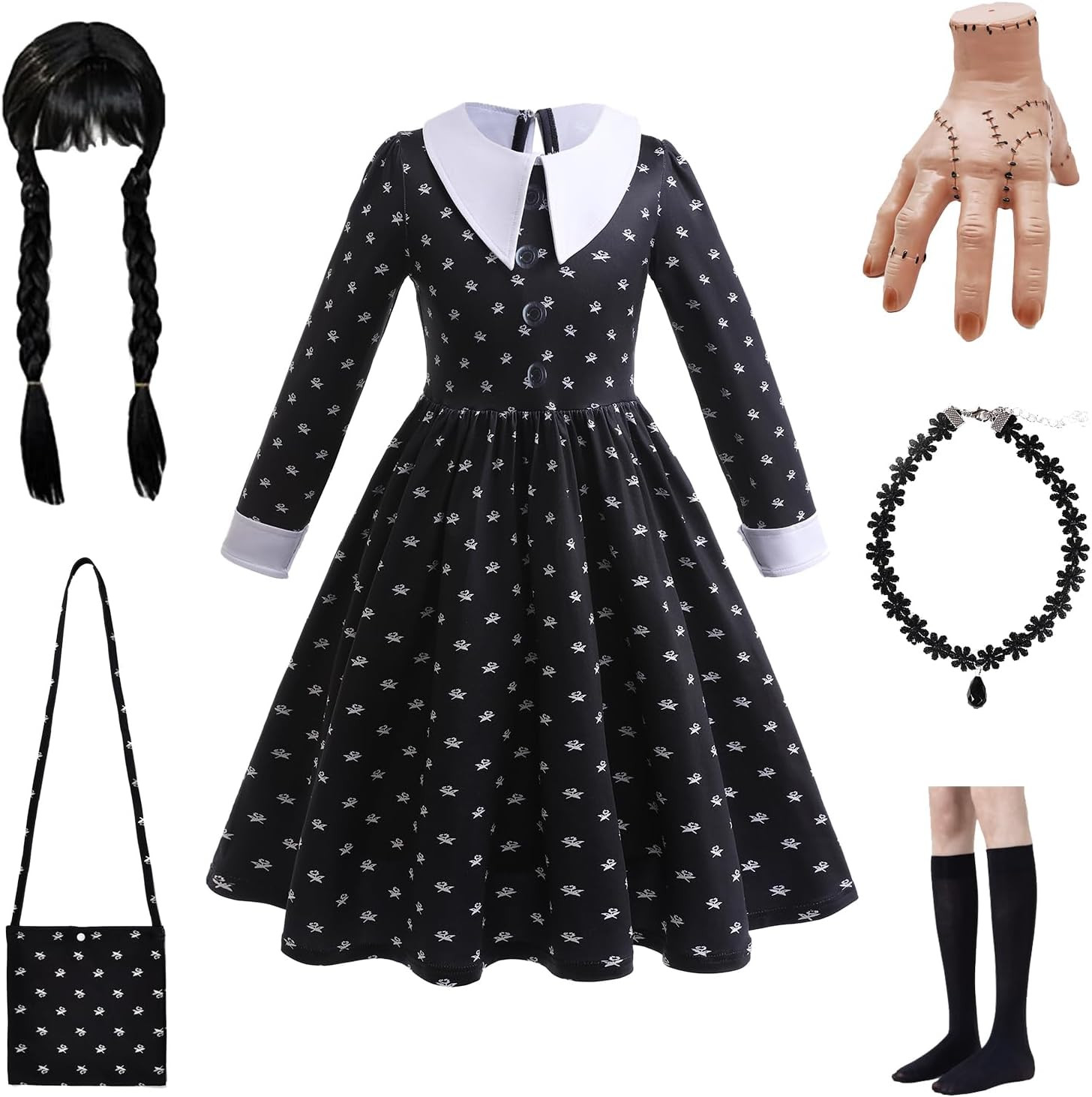 Aileam Halloween Cosplay Wednesday Costume Girls Dress Kid Teen Black Outfit With Wig Bag Earrings Socks | Amazon (US)