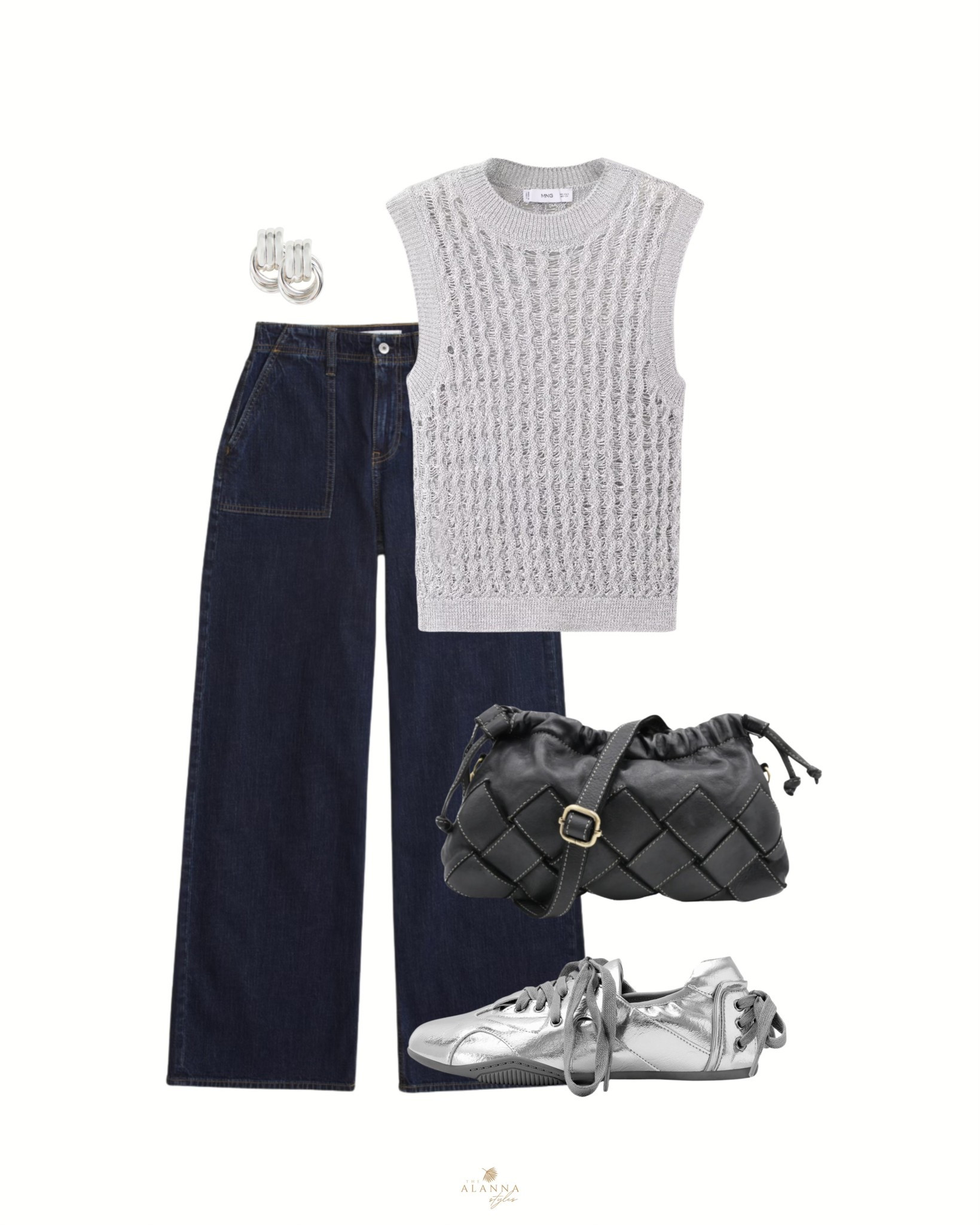 high-shine basics. ✨👖 taking a classic sweater vest and denim combo up a notch with metallic silver sneakers and a woven black bag. 

#spursplayoff

#LTKFestival