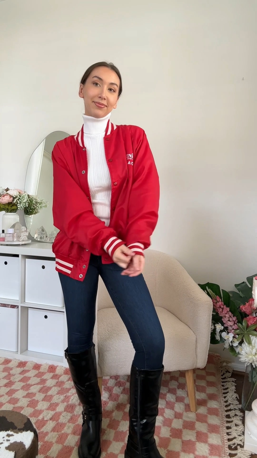 styling skinny jeans for fall ♥️👀 unpopular fashion girly opinion: I’ve been gravitating towards skinnies and leggings to wear with knee-high tall boots! why? they’re so much easier to tuck in and look sleek & flattering. I prefer dark wash or black jeans for a more neutral look  Lmk what you think 🥰

red bomber varsity jacket: thrifted
jeans: yoga jeans
turtleneck: glassons
black boots: justfab
woven tote bag: amazon
[added similar items!]

#LTKfindsunder100 #LTKfindsunder50 #LTKstyletip