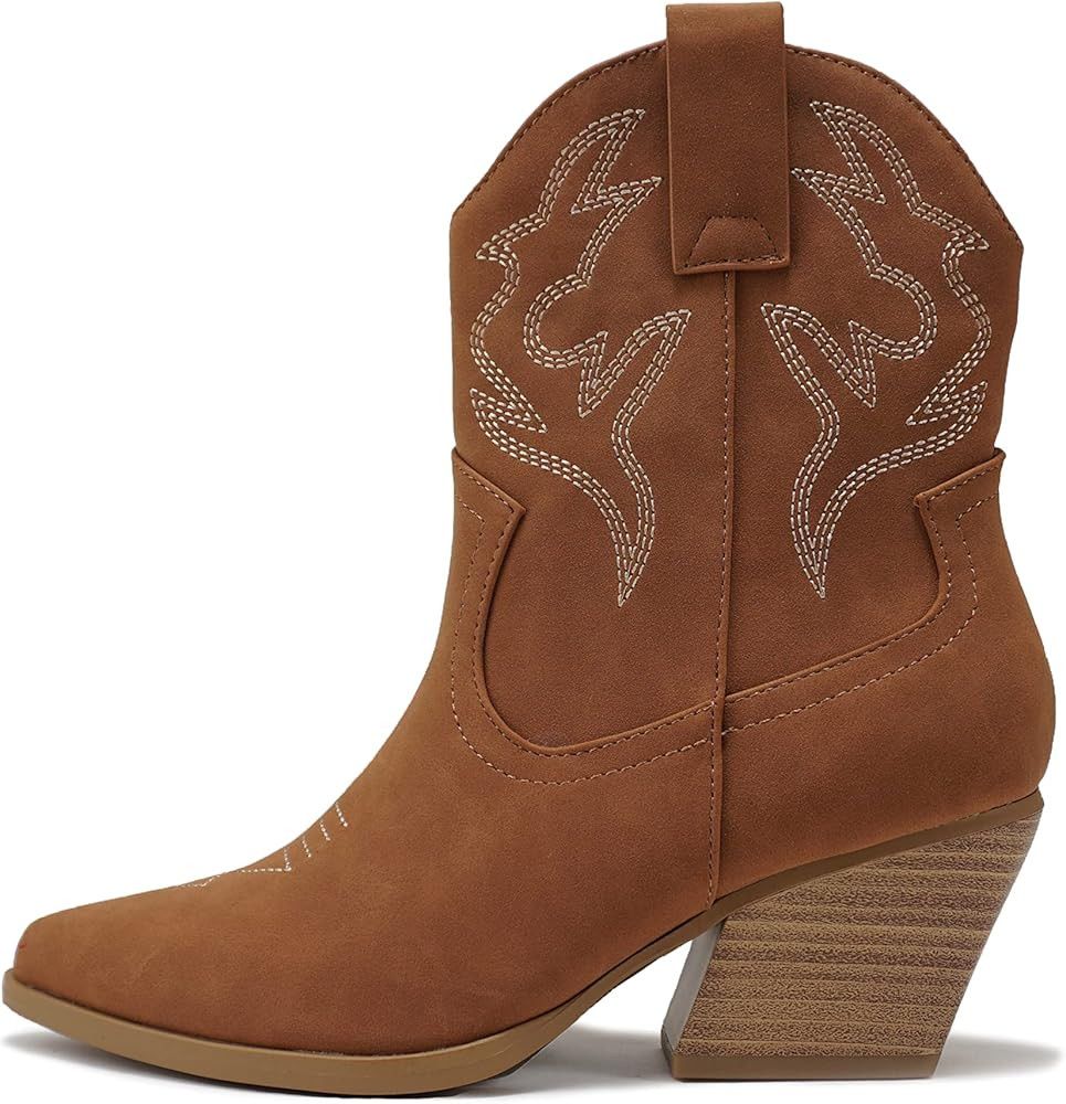 Soda “BLAZING” ~ Women Western Stitched Pointe Toe Low Heel High Top Ankle Shaft Boot Bootie | Amazon (US)