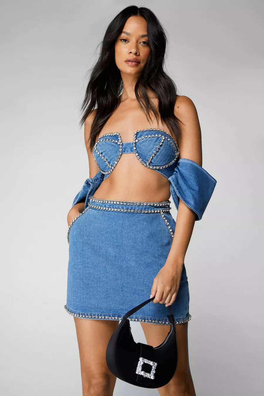 Denim Diamante Trim Mini Skirt | Nasty Gal US