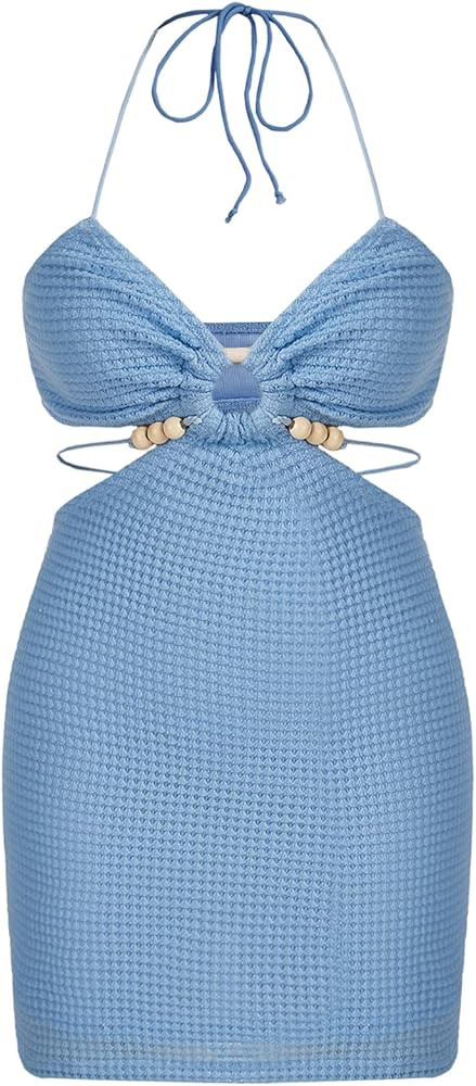 Verdusa Women's Casual Sleeveless Tie Backless Cut Out V Neck Bodycon Halter Mini Beach Boho Dres... | Amazon (US)