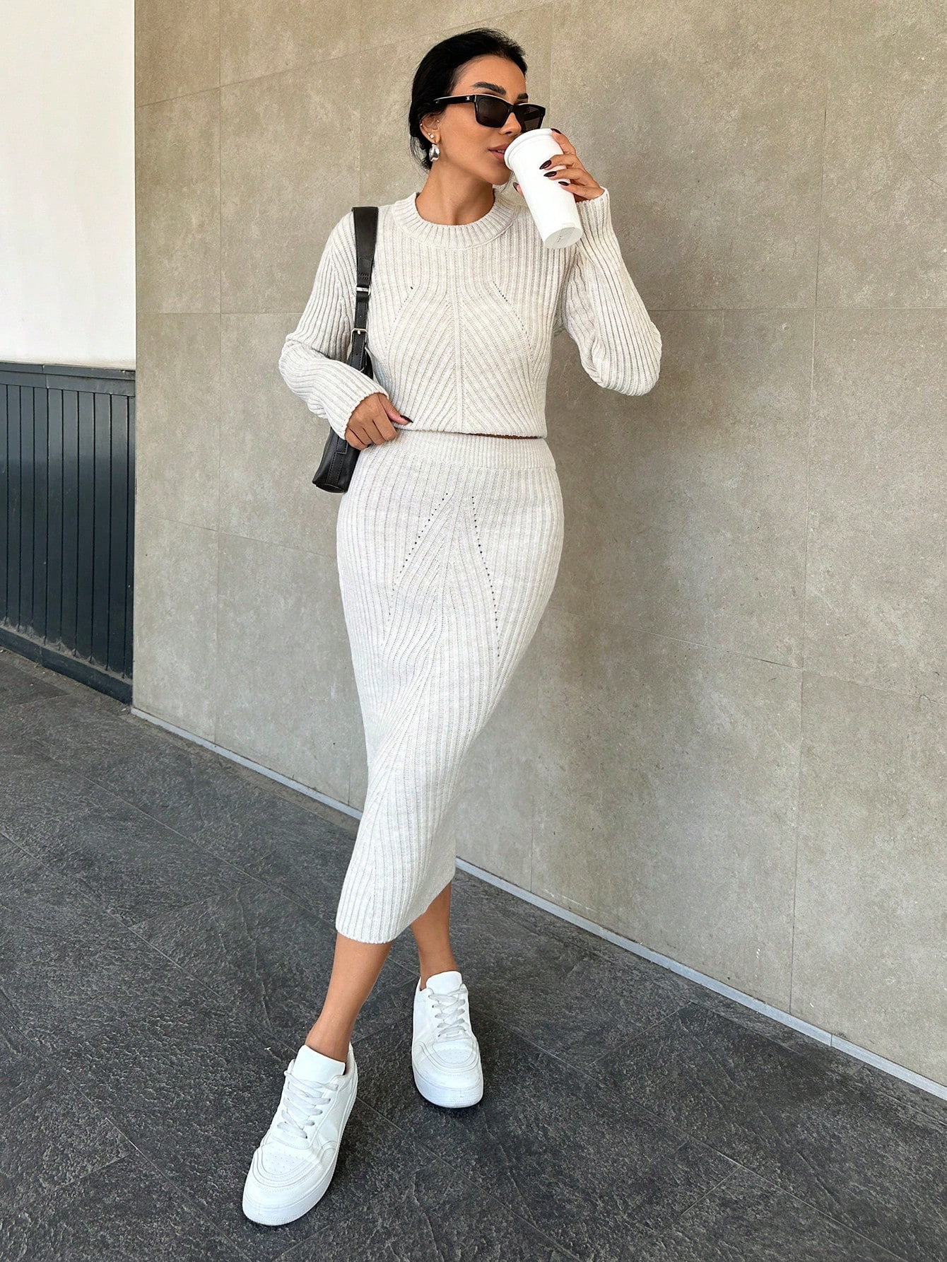 Women Solid Color Round Neck Long Sleeve Knitted Sweater And Long Knit A-Line Skirt 2-Piece Set, ... | SHEIN