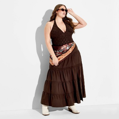 Women's Lace Inset Tiered Maxi Skirt - Wild Fable™ Brown 1X | Target