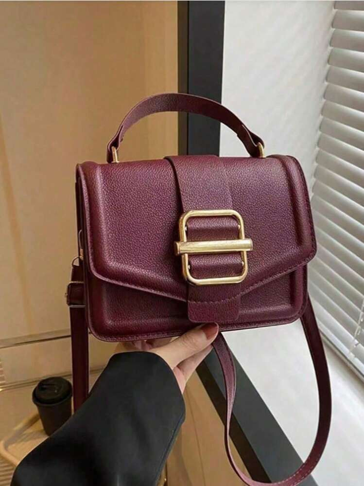 1pc Fashionable Solid Color Mini Handbag Wit H Metal Decoration, Suitable For Women's Daily Use An D Gifts For Dates Gift Bag Merry, Fashionable Burgundy Bag | SHEIN