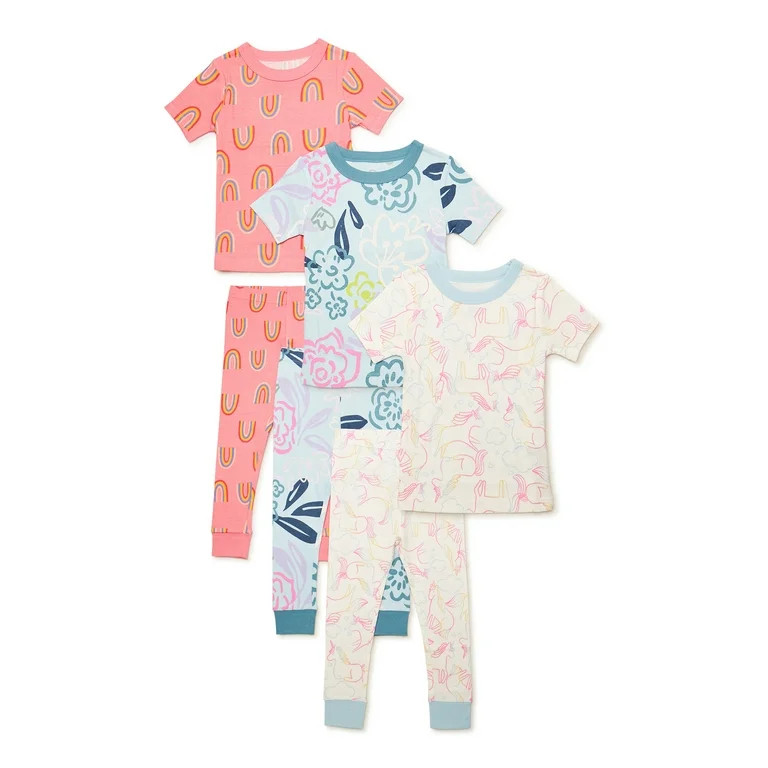 Wonder Nation Toddler Girls Cotton Tight Fit Pajama Set, 6-Piece, Sizes 12M-5T | Walmart (US)