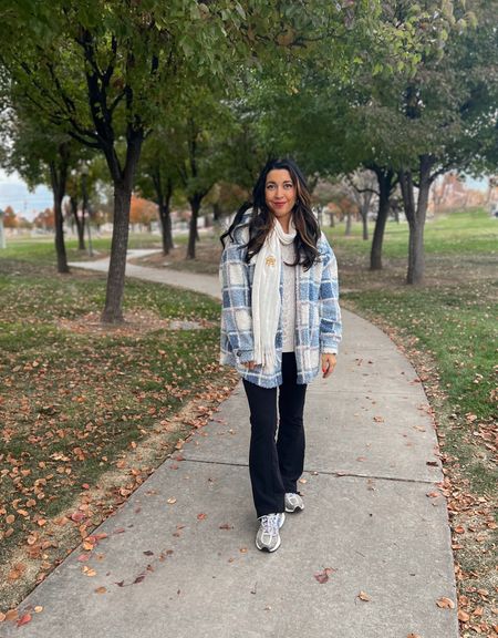 Loving this cozy fall look! Flare legging pants are my new obsession. Paired with new balance tennis shoes. I recently got this blue plaid Sherpa jacket and I love that it’s a bit oversized and longer!! Obsessed with the length. I wore a white sweater underneath and a white scarf. Scarfs seem to be back in trend and I’m here for it. Jacket and leggings are  shop pink blush, use code AMYSTRATTON25OFF to save! Cute fall fashion style inspo  

#LTKHoliday #LTKSeasonal #LTKfindsunder100