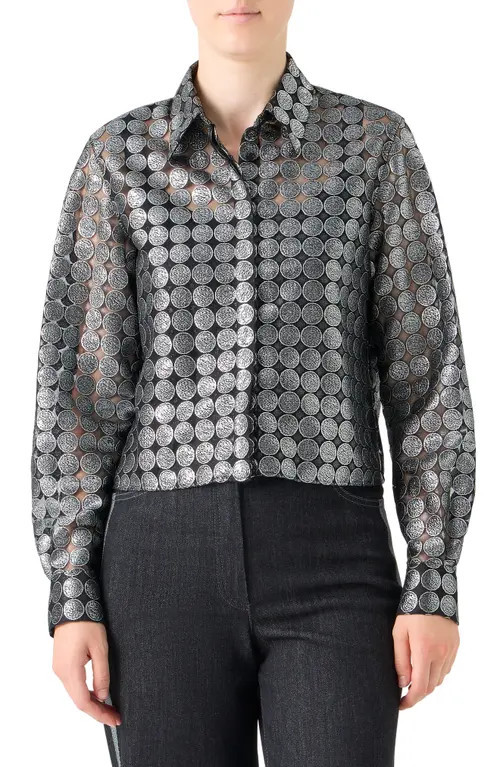 Akris punto Dot Semisheer Button-Up Shirt in Brushed Steel at Nordstrom, Size 16 | Nordstrom