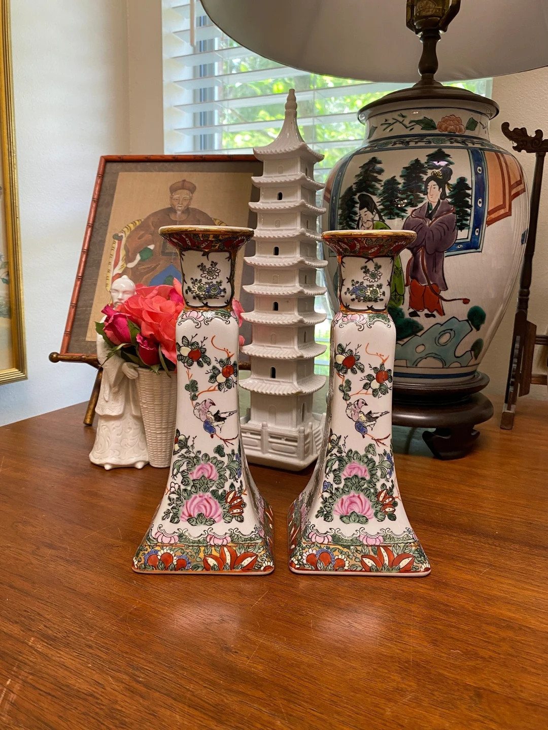 Pair Andrea by Sadek Chinoiserie Famille Rose Medallion Canton Candlesticks | Etsy (US)