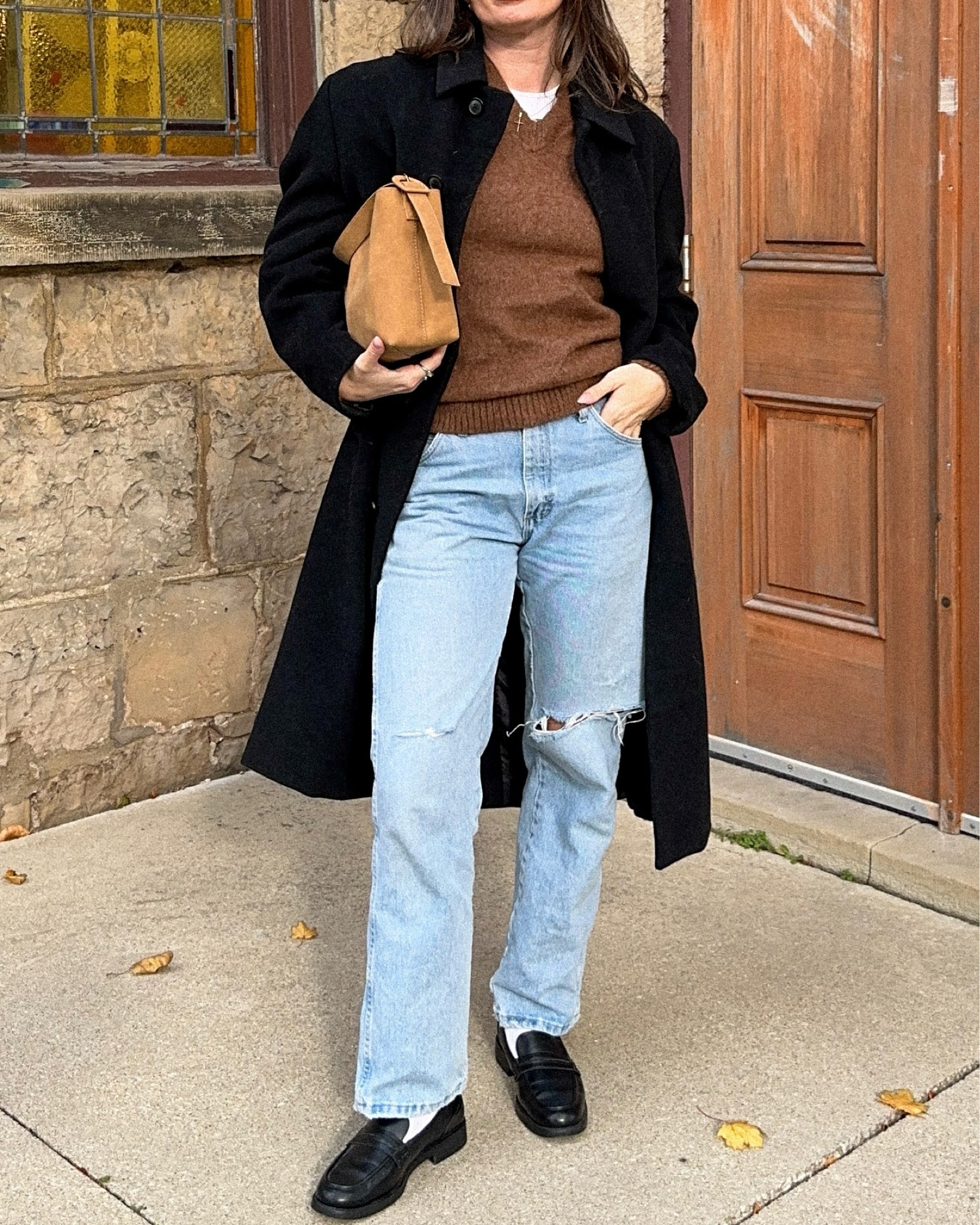 fall outfit ideas, brown sweater, ripped jeans, loafers, wool coat, brown suede bag, fall capsule wardrobe styling

#LTKautumn #LTKcanada #LTKstyletip