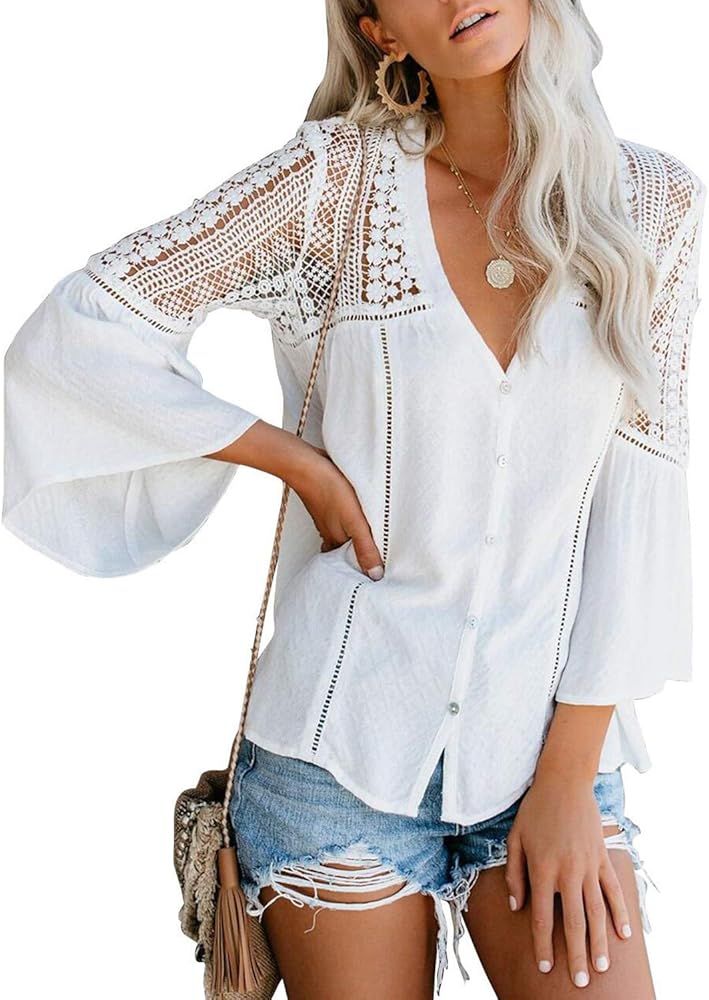 FARYSAYS Women's Lace Crochet V Neck Button Down Bell Sleeve Shirts Casual Loose Blouses Tops | Amazon (US)