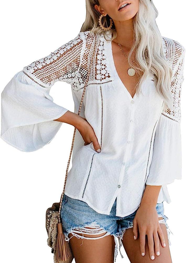 FARYSAYS Women's Lace Crochet V Neck Bell Sleeve Button Down Shirts Casual Loose Blouses Tops | Amazon (US)