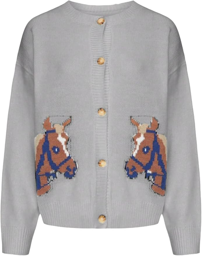 Women's Horse Cardigan Sweater Long Sleeve Lightweight Horse Sweater Crew Neck Button Down Knit O... | Amazon (US)