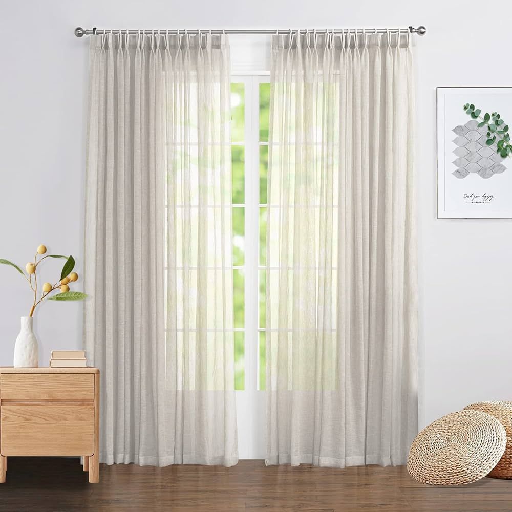 LANTIME Double Pleats Sheer Curtains 120 inches Long, Faux Linen Extra Long Window Sheer Curtains... | Amazon (US)