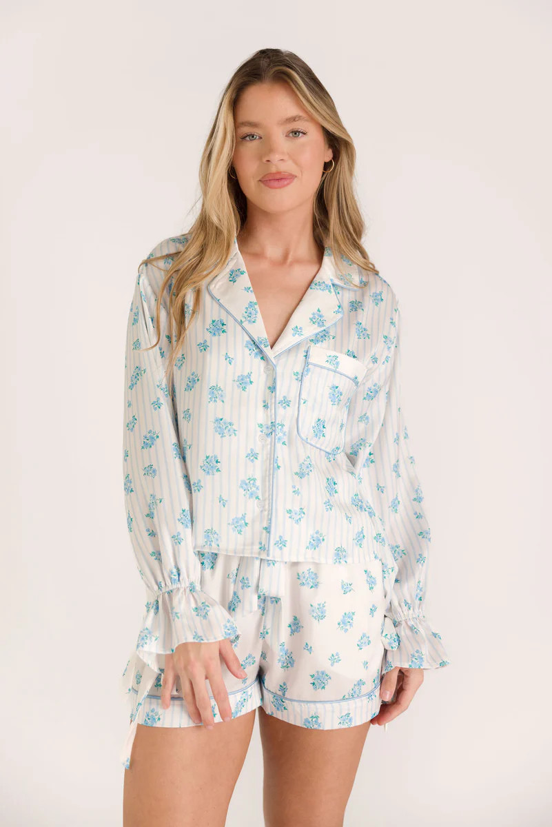 Lottie Satin Pajama Set in White/Blue Floral and Stripes | Worth Collective