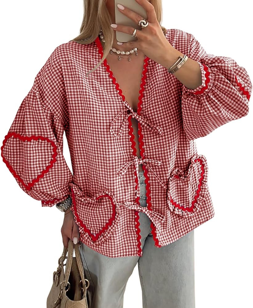 Tankaneo Womens Tie Front Tops Peplum Babydoll Going Out Gingham Puff Long Sleeve Blouse Cute Cot... | Amazon (US)