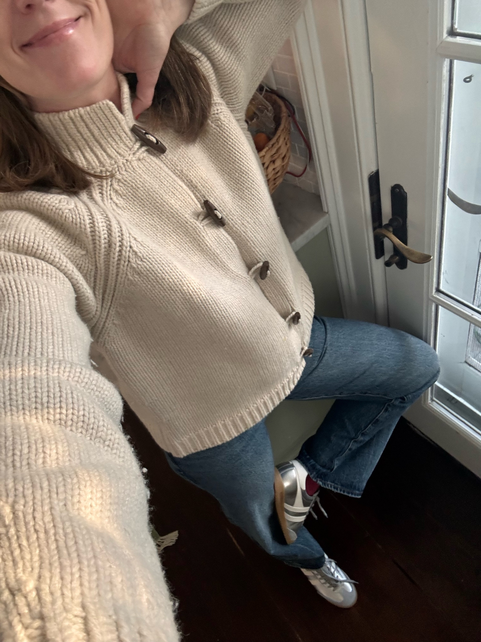 Boden toggle sweater (wearing a small) and Pistola Lexi jeans (wearing a 26)!