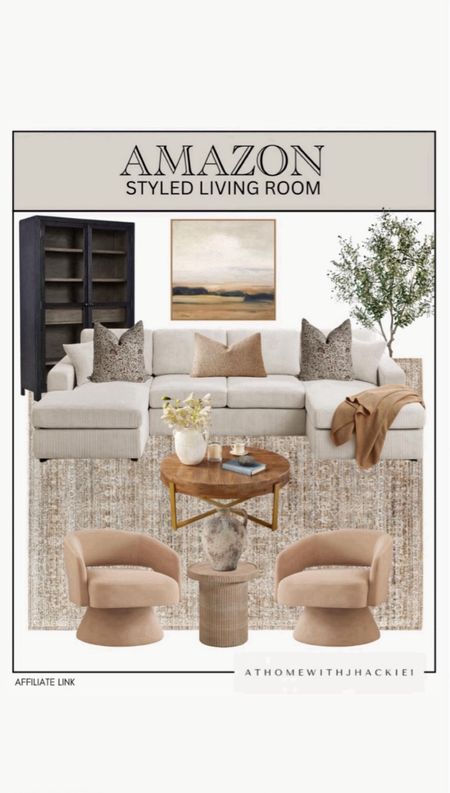 Amazon styled living room, boucle pillow, white sofa, brown and gold coffee table, arched bookcase, black cabinet, accent chair, accent table, framed wall art, faux greenery. 

#LTKHome #LTKStyleTip