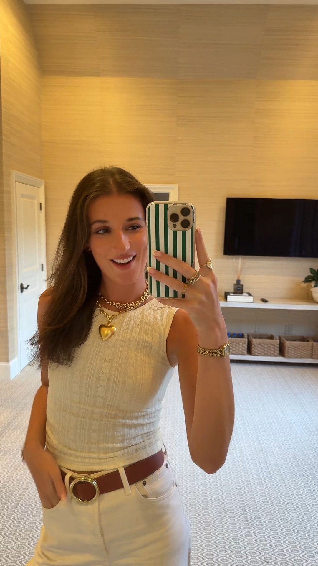 White princess polly patterned tank. Tan and gold circle belt. White boot cut jeans. Tan steve madden sandals. Gold roxanne assolin gold necklace. Heart necklace. Steve madden tan shoes. Travel outfit. Vacation outfit. Work outfit. Dinner outfit. Monochrome outfitt

#LTKStyleTip #LTKSeasonal #LTKTravel