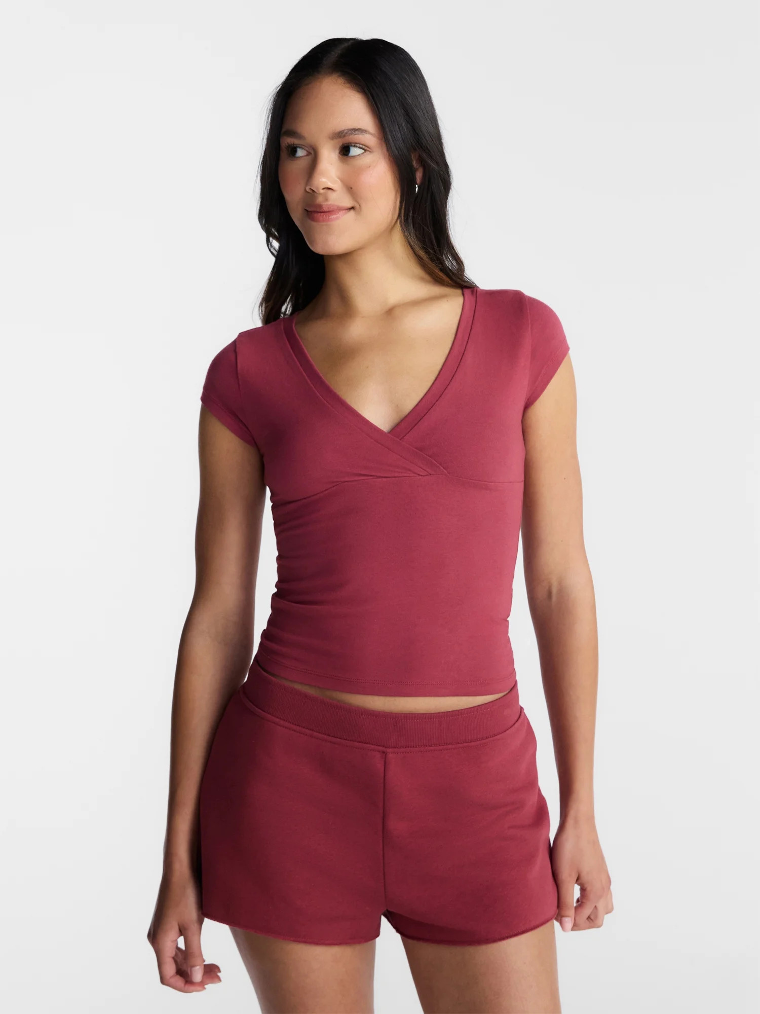 No Boundaries Surplice Top with Cap Sleeves, Women’s XXS-XXL | Walmart (US)