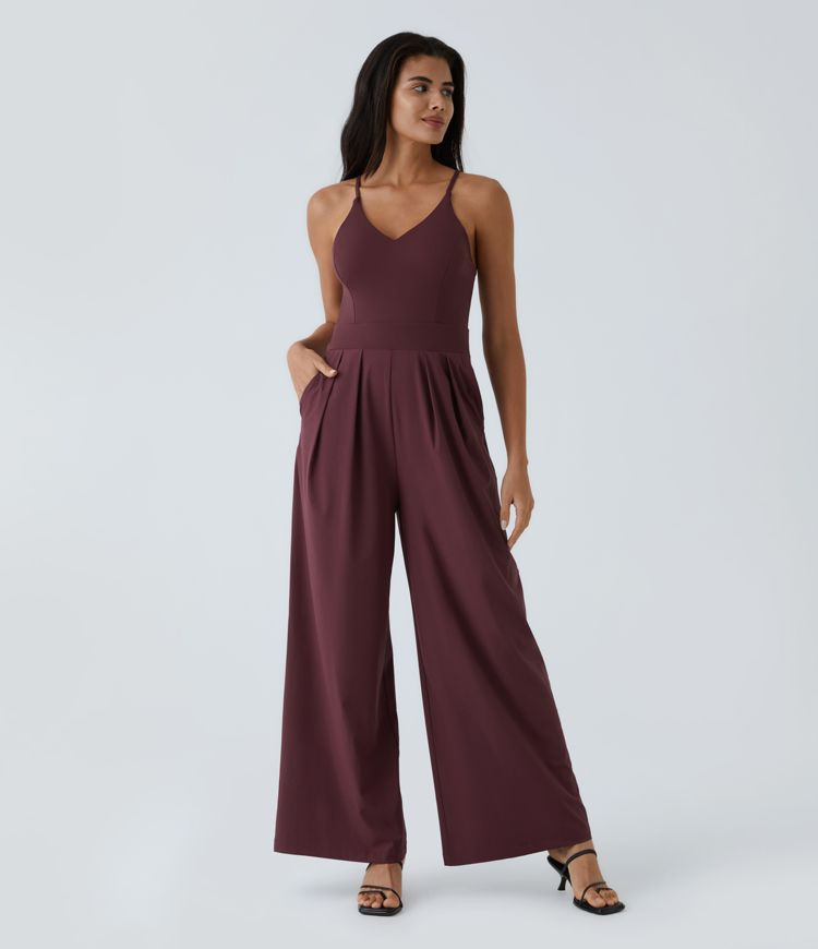 Breezeful™ Backless Side Invisible Zipper Pocket Wide Leg Quick Dry Resort Slip Jumpsuit | HALARA