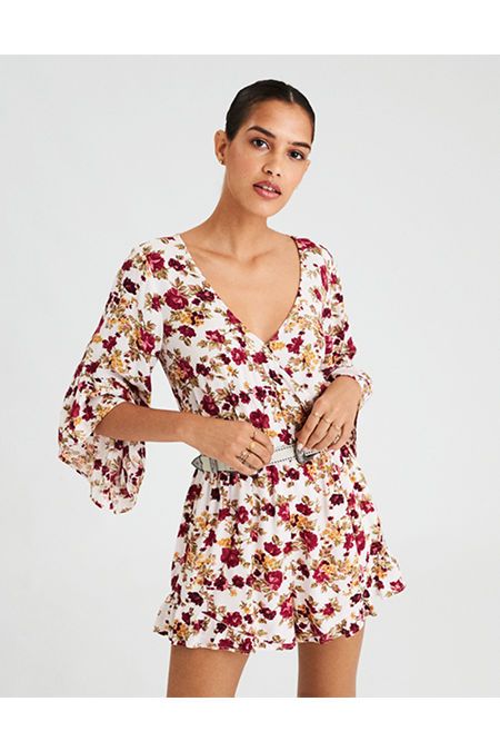 AE RUFFLE SLEEVE LINED WRAP FRONT ROMPER | American Eagle Outfitters (US & CA)