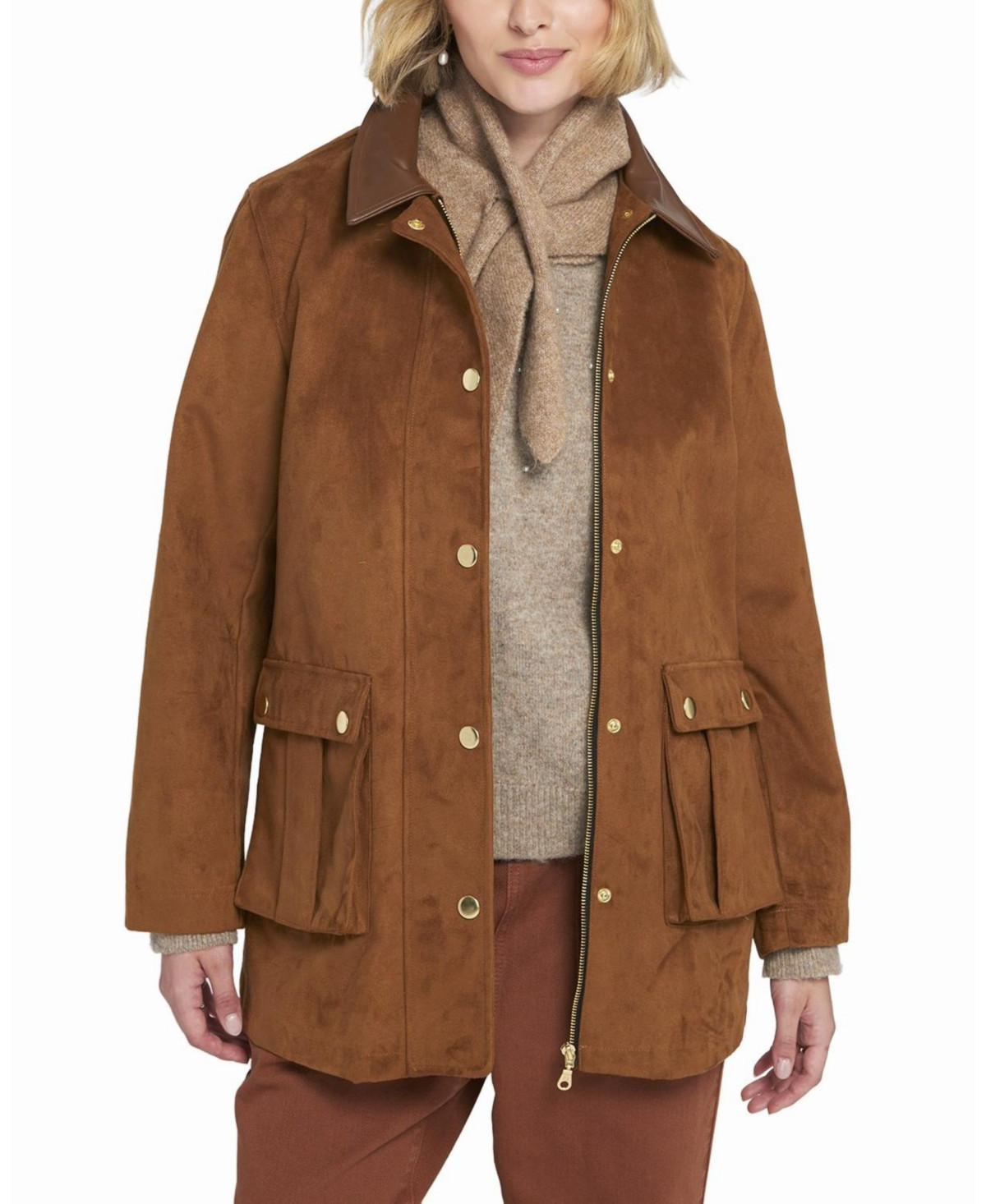 Elle Collection Women's Faux Suede Barn Jacket Utility Coat - Brown | Macy's