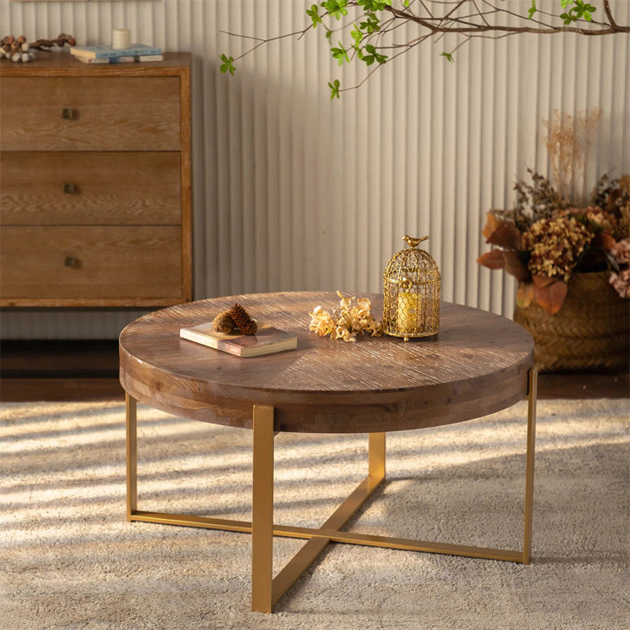 Millwood Pines Abbiss Floor Shelf Coffee Table Round Wood Coffee Table With Cross Metal Base & Re... | Wayfair North America