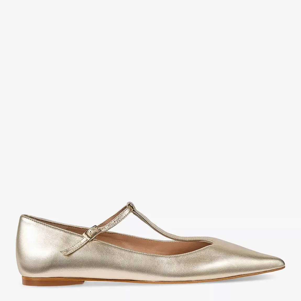 L K Bennett Gold Drew Patent Leather T Bar Flat Shoes - BrandAlley | BrandAlley