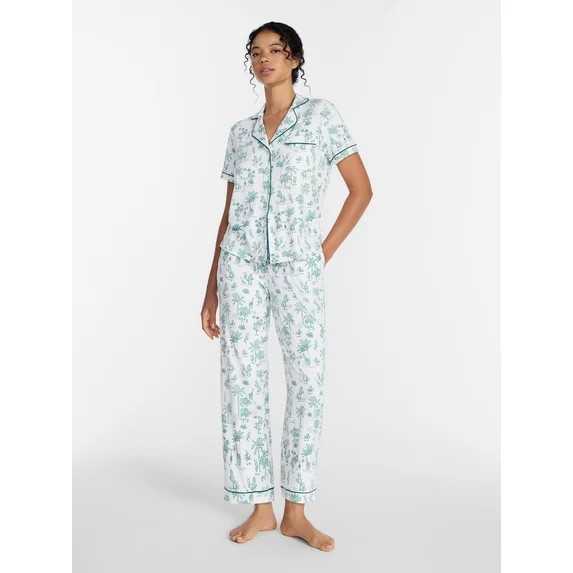 Joyspun Women's Dreamy Soft Collection Notch Collar Top and Capri Pants Pajama Set, 2-Piece, Size... | Walmart (US)