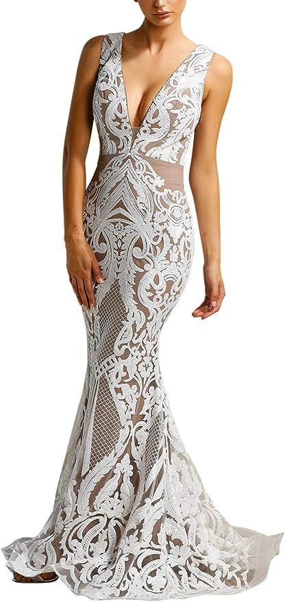Yissang Women's Floral Sequined Wedding Evening Mermaid Dress Bridal Gowns | Amazon (US)