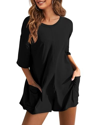 Lianlive Summer Rompers for Women Oversized T-Shirt Tee Romper Athletic Short Sleeve Workout Overall Jumpsuit Trendy Outfits (Black-S) | Amazon (US)