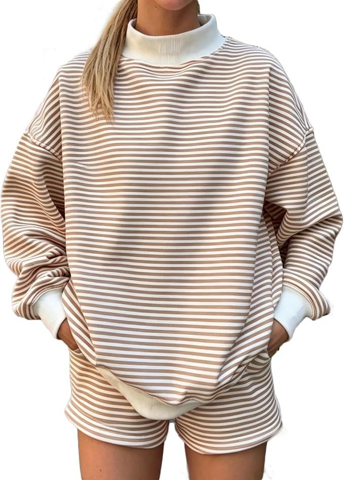 RUEWEY Womens Striped Outfits Mock Neck Long Sleeve Loose Fit Tops and Shorts Set Tracksuit Sweat... | Amazon (US)