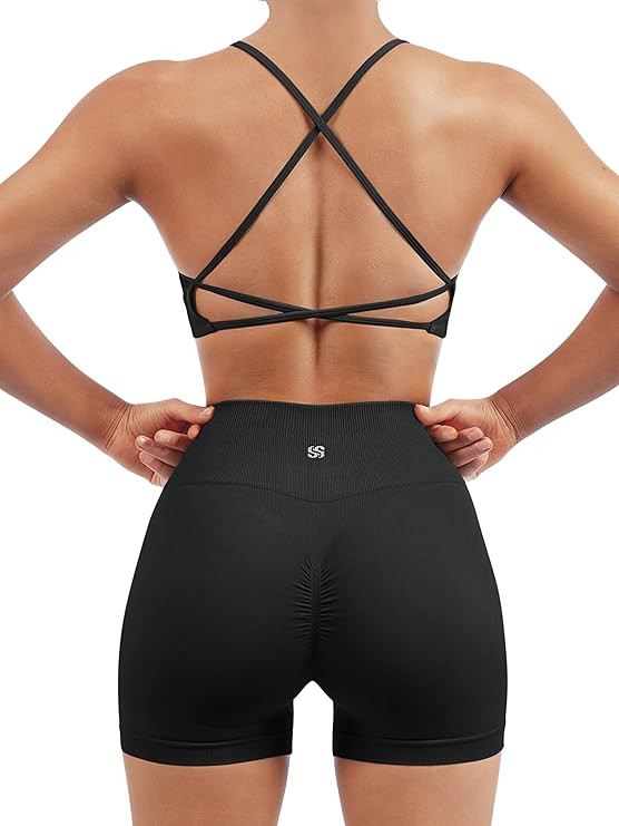 SUUKSESS Women Seamless Workout Sets Strappy Sports Bra High Waist Booty Shorts Outfits | Amazon (US)