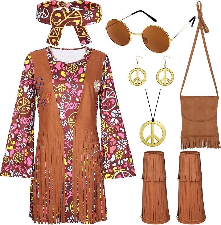 SOMSOC 7 Piece 70s Women Hippie Costume Peace Sign Earring Necklace Headband Dress Tassel Bag for... | Amazon (US)