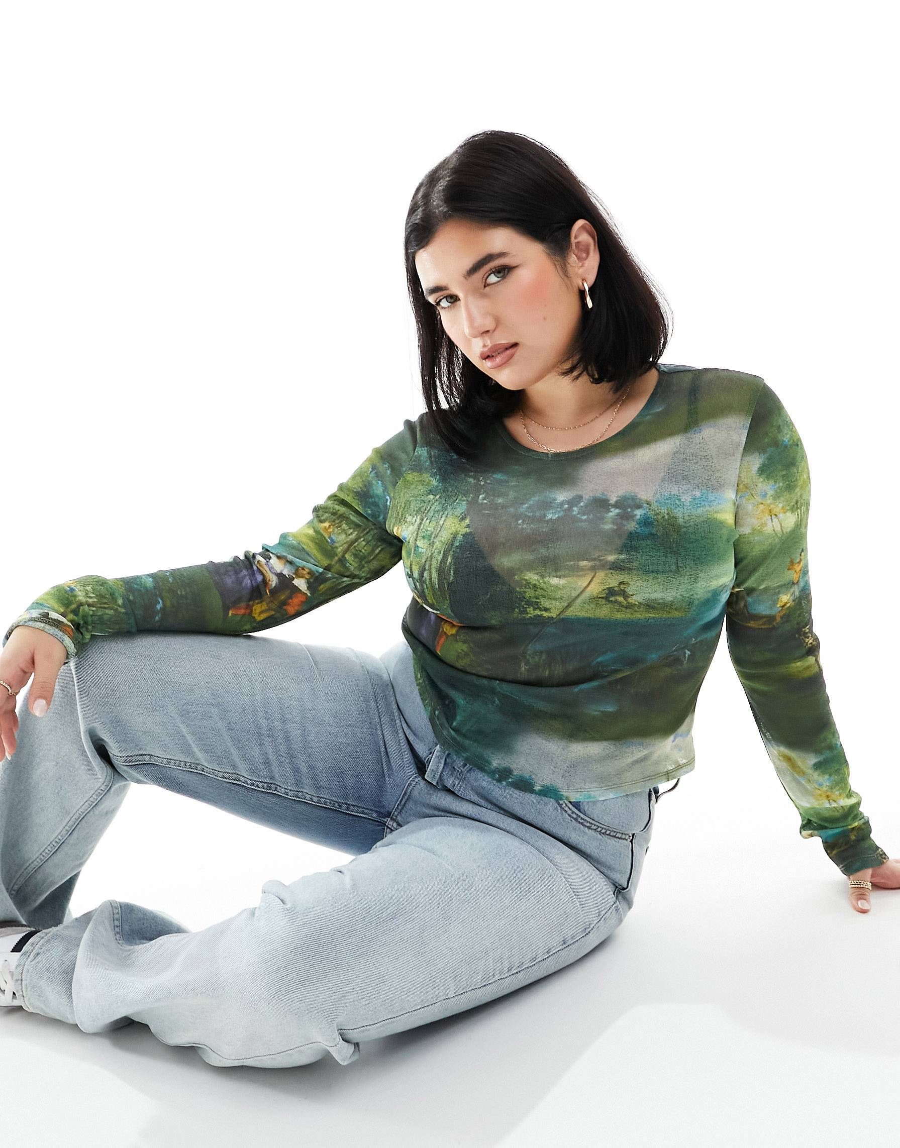 ASOS DESIGN Curve long sleeve mesh baby tee with art scene graphic | ASOS (Global)