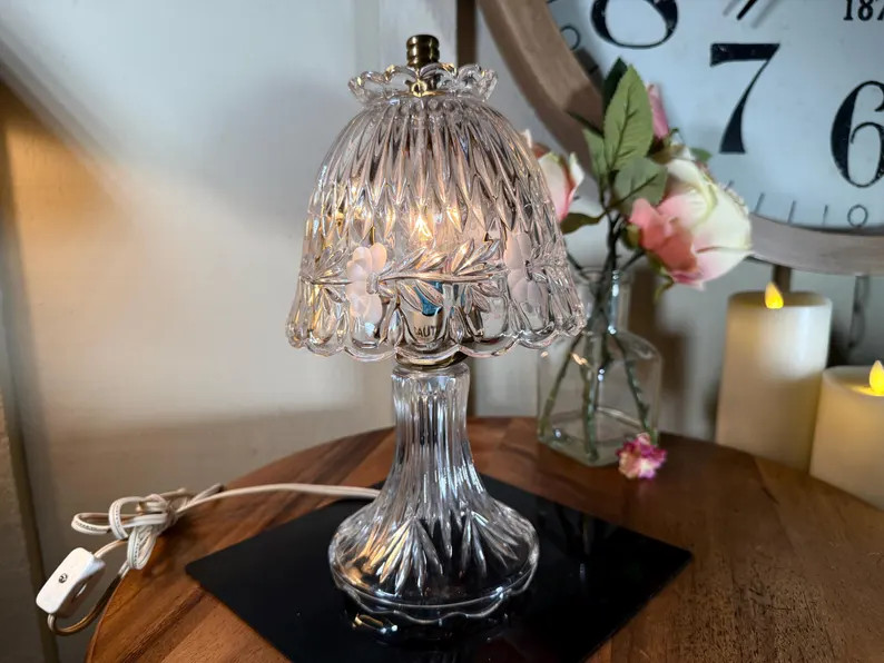 Vintage  Crystal, Accent, Table Lamp, 11 inch, Clear Glass, Night Light, Etched Flowers, Shabby C... | Etsy (US)