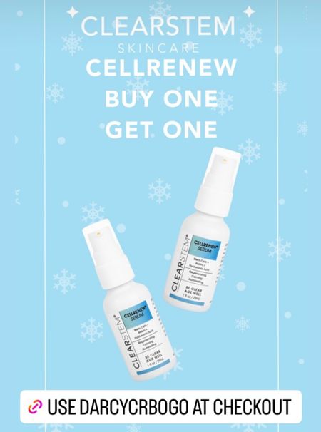 Clearstem is offering another “buy one, get one free” promo 12/27-1/2. This time it is for their Cellrenew collagen serum. This is a $62 value! 

Add two to your cart and use code DARCYCRBOGO at checkout to save! 

CELLRENEW is great for acne prone skin and is anti-aging. It is ideal for hormonal breakouts and acne scars. It regulates oil production and hormonal acne, halts inflammation, and heals skin. 

If you have acne scarring or acne prone skin - check out this sale! 

#LTKsalealert #LTKGiftGuide #LTKbeauty