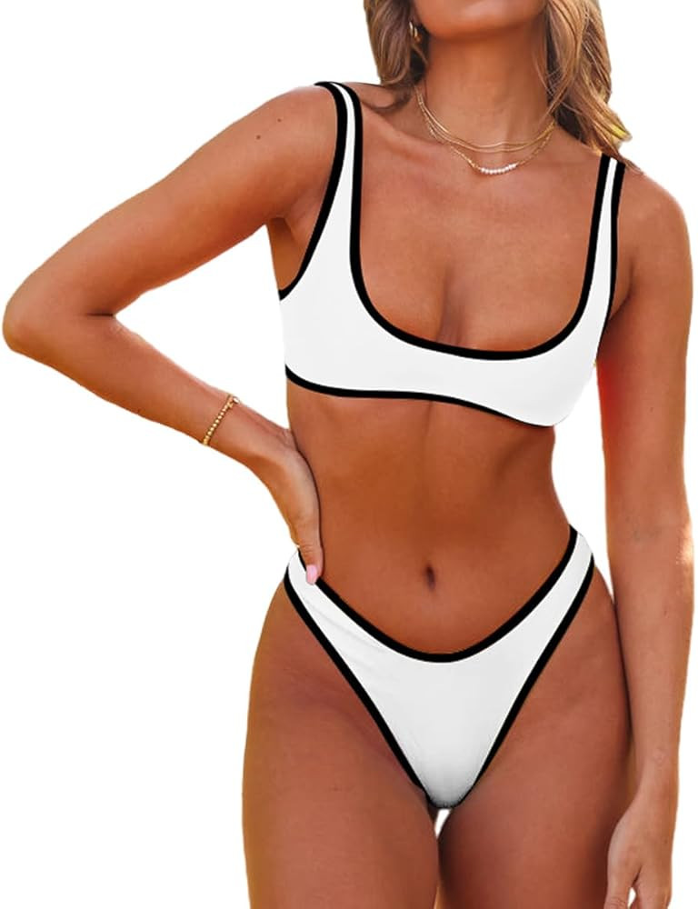 SherryDC Women's Sexy Scoop Neck Bikini Sets Color Block High Cut Thong Brazilian Two Pieces Swim... | Amazon (US)